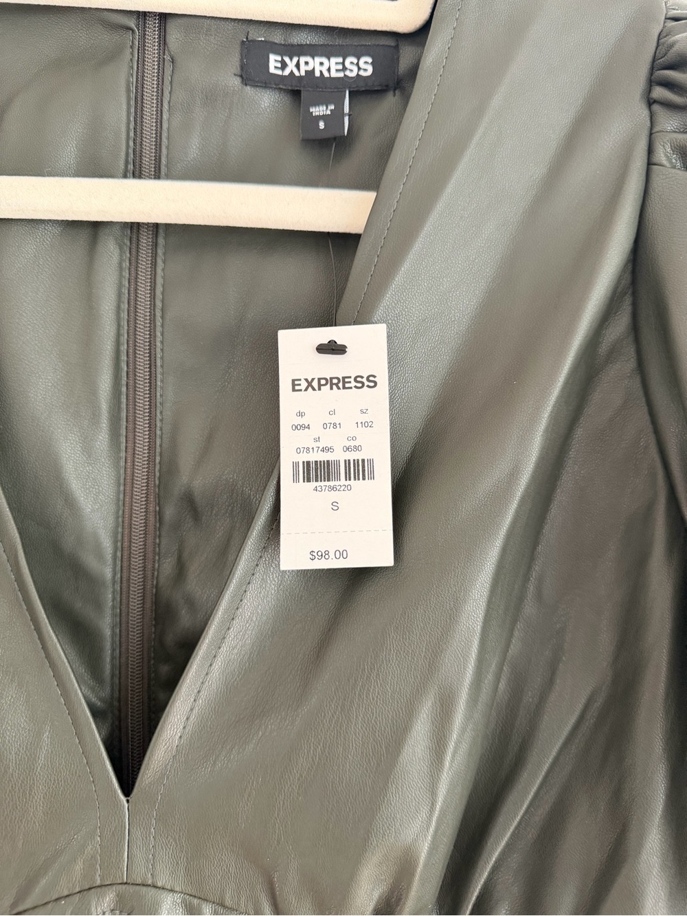 NWT Express Olive Puff Sleeve Faux Leather Mini Dress - Picture 5 of 9